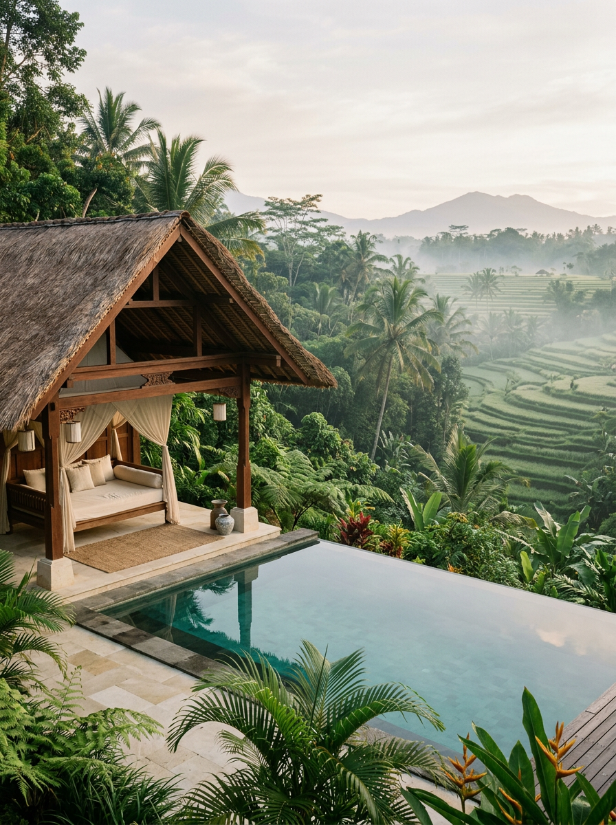 Illustrative open-air villa and infinity pool in a lush Balinese landscape