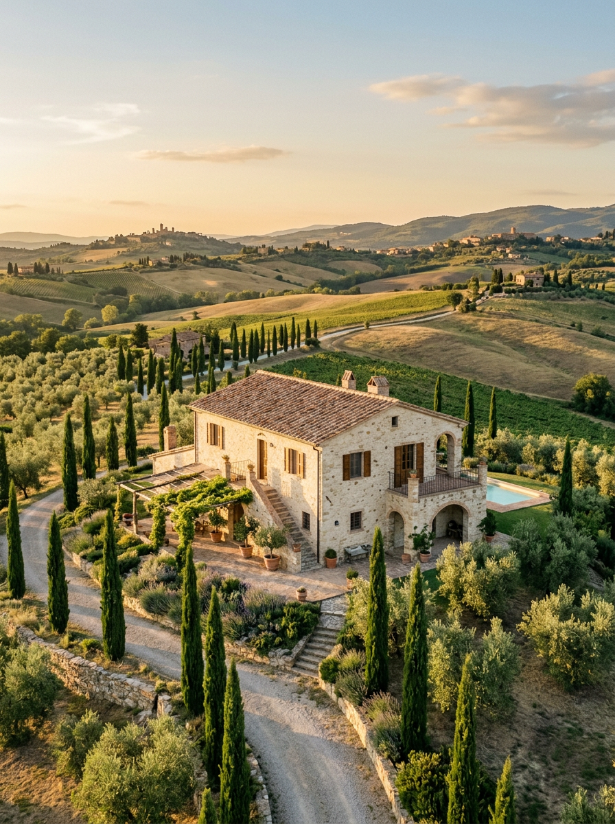 Illustrative stone villa among cypress trees in the Tuscan countryside